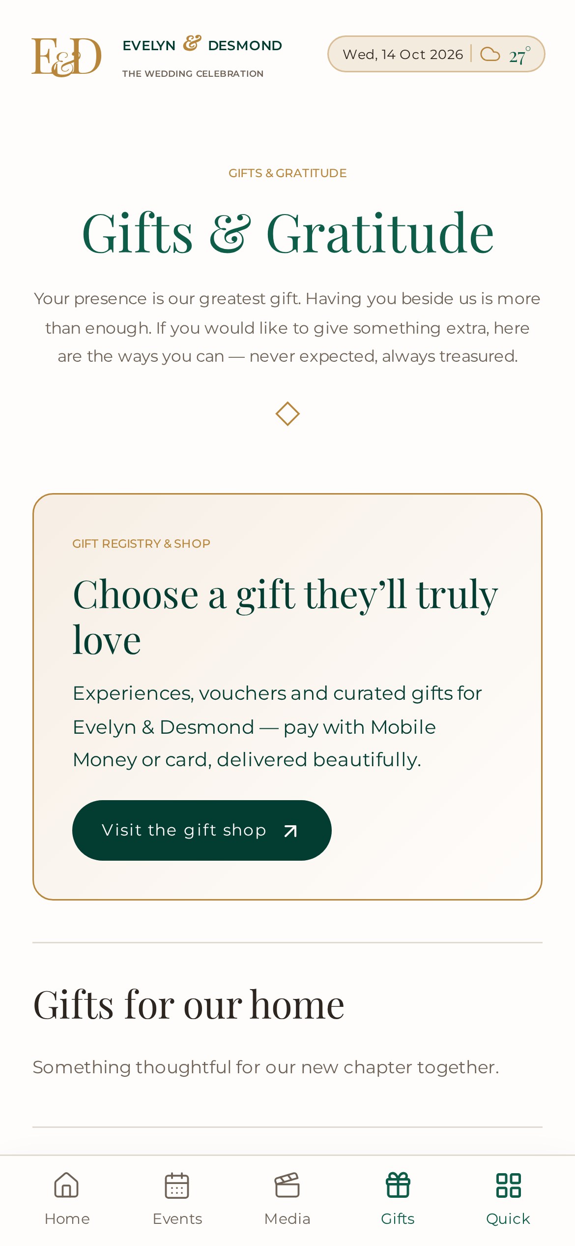 Wedding app gifts page