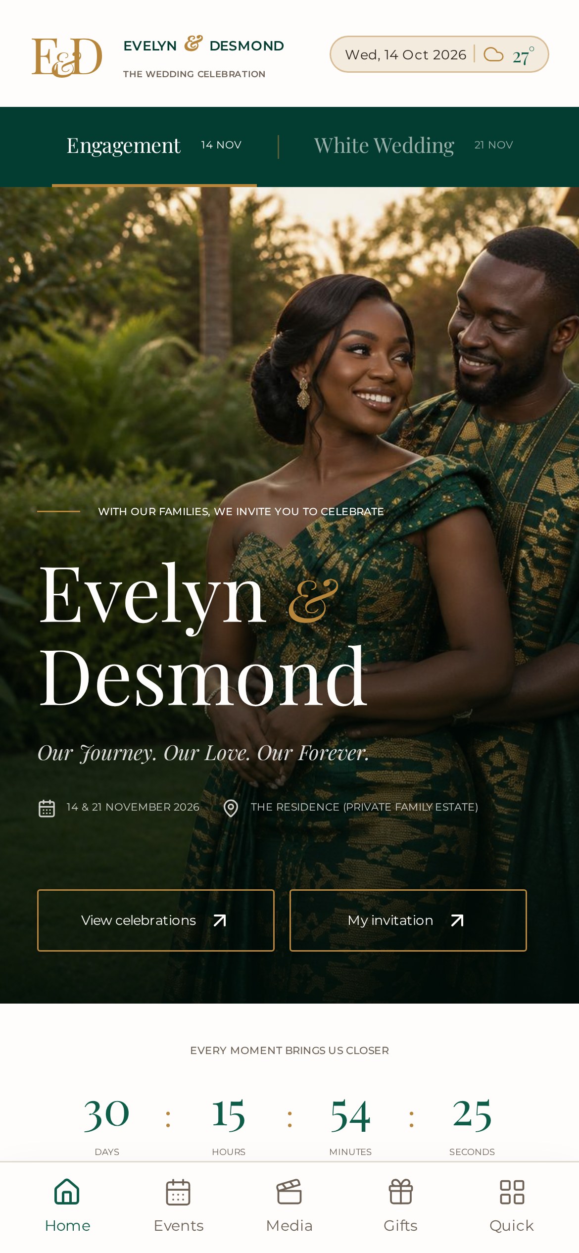 Wedding app home screen with countdown