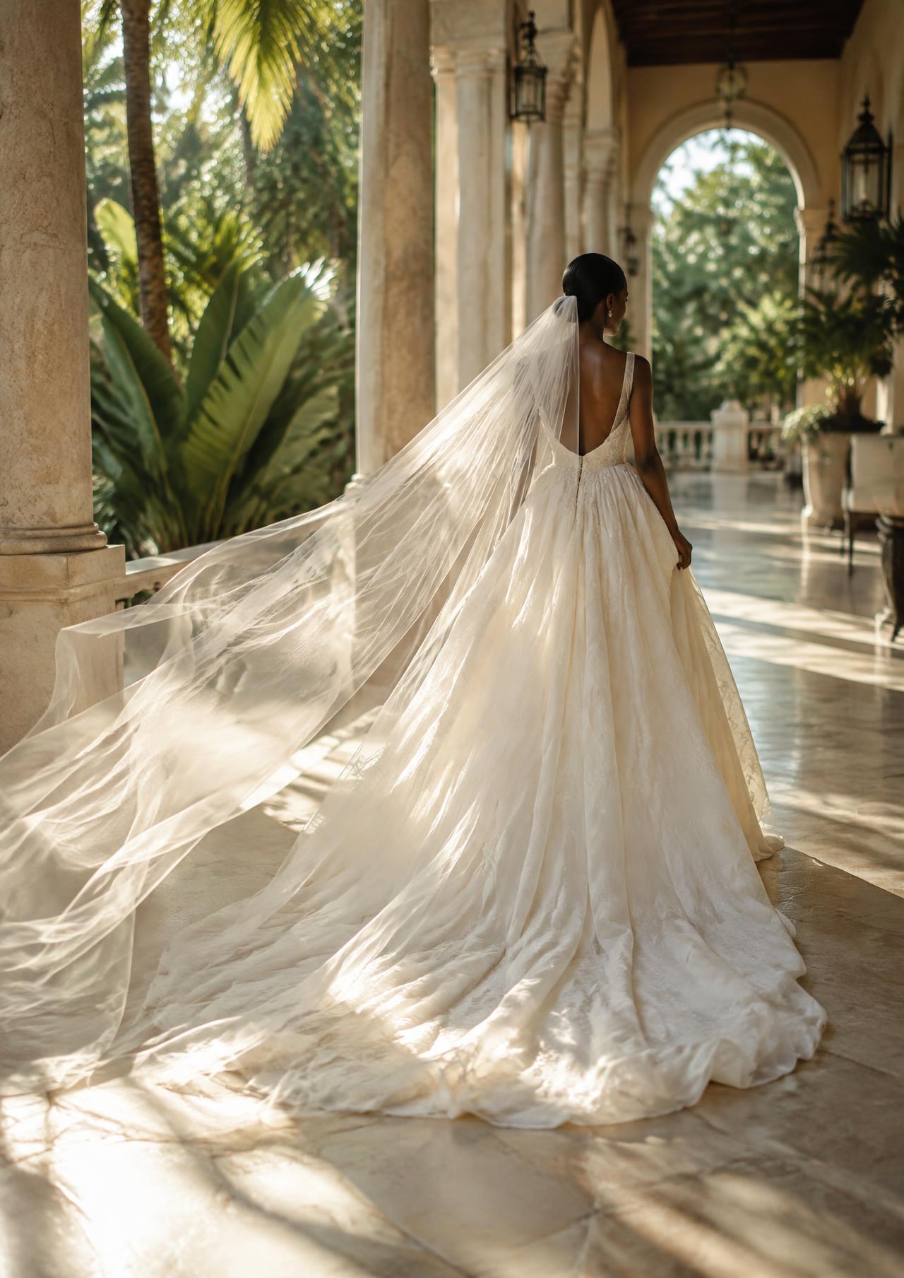 Bride walking away through a sunlit colonnade with her long veil floating behind her