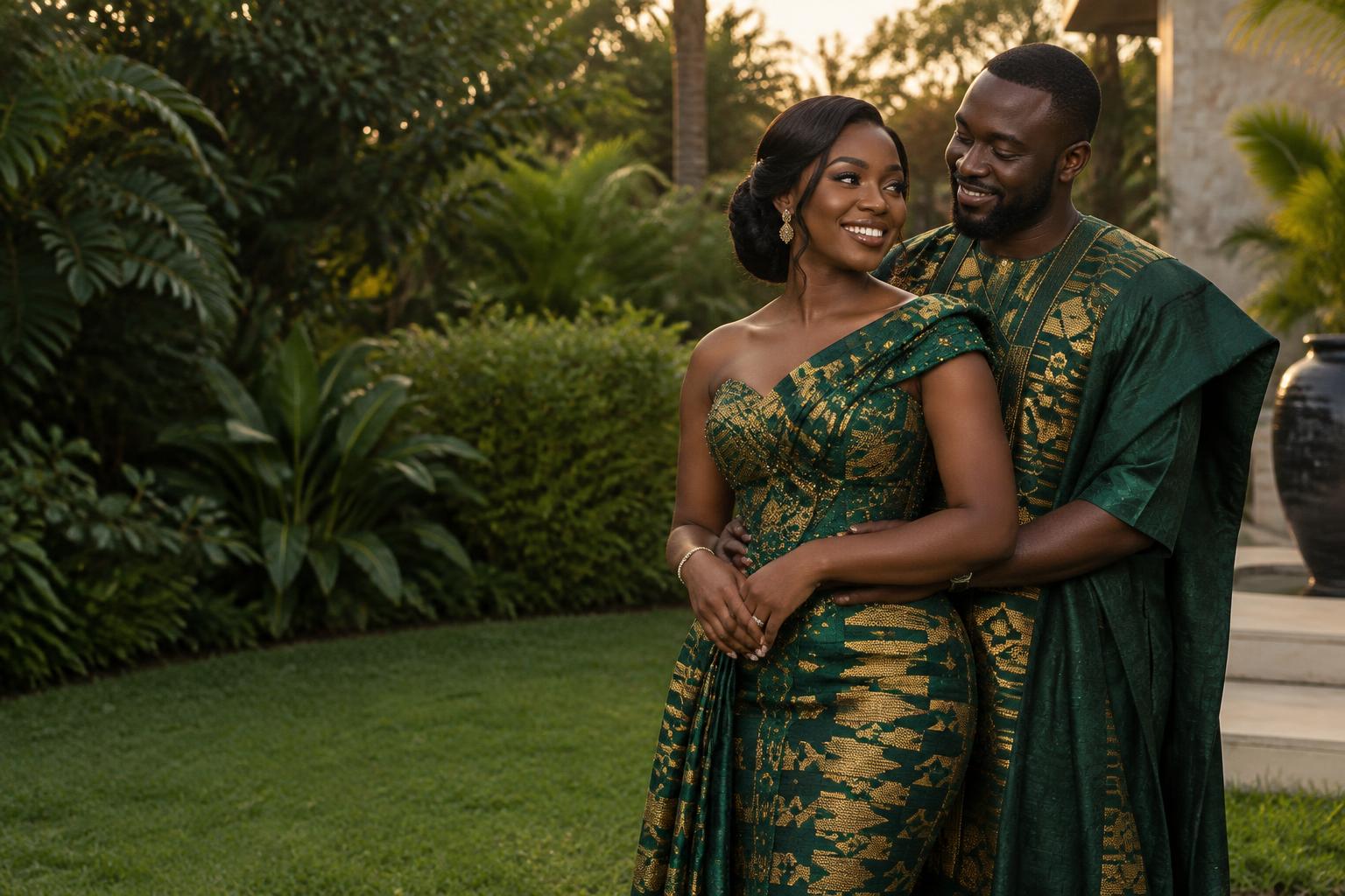Evelyn and Desmond celebrating their love in emerald and gold Kente