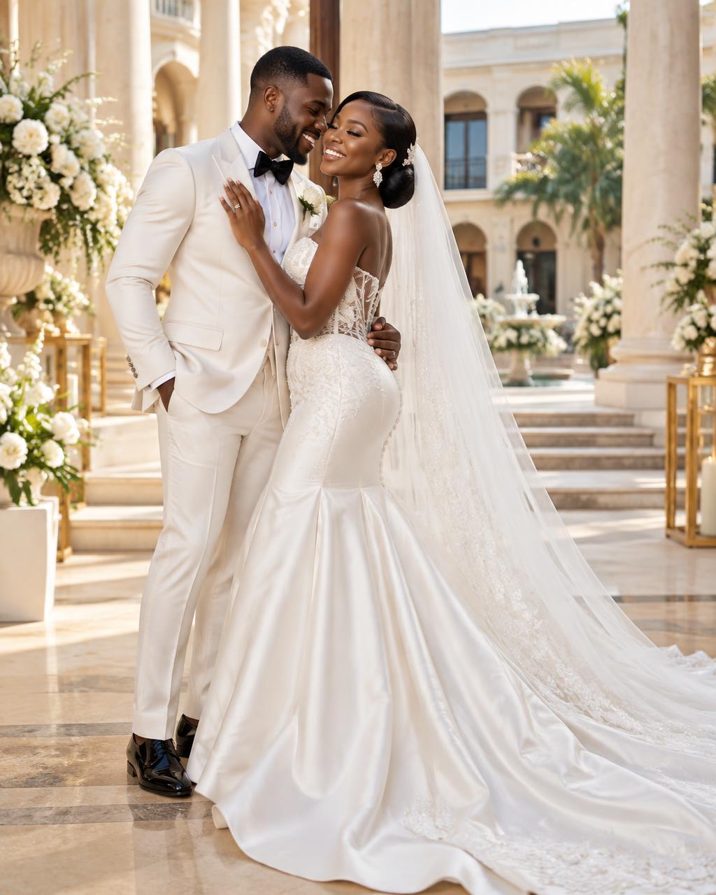 The couple in ivory wedding attire