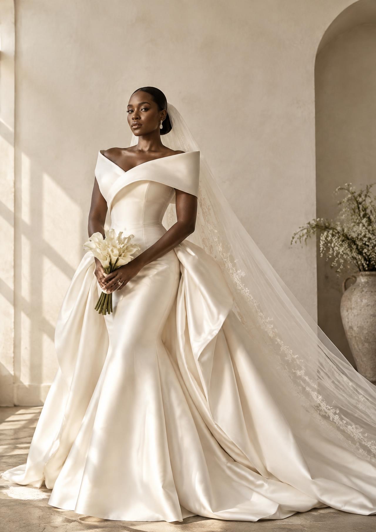 Bride in a sculptural off-shoulder ivory gown and cathedral veil holding white calla lilies