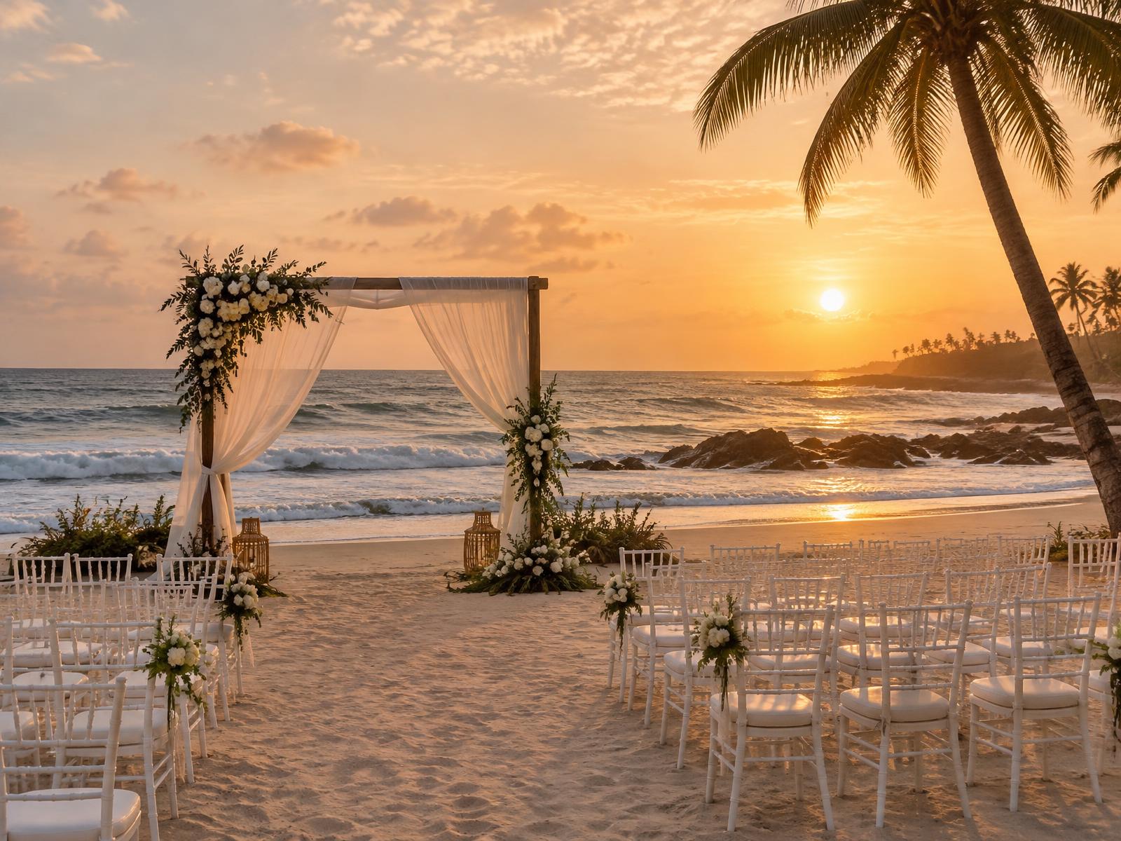 A beach wedding arch draped in white fabric with rows of white chairs at sunset