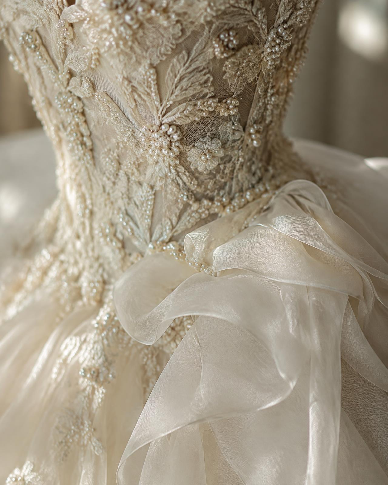 Close-up of a pearl-embroidered lace bodice and organza ruffles