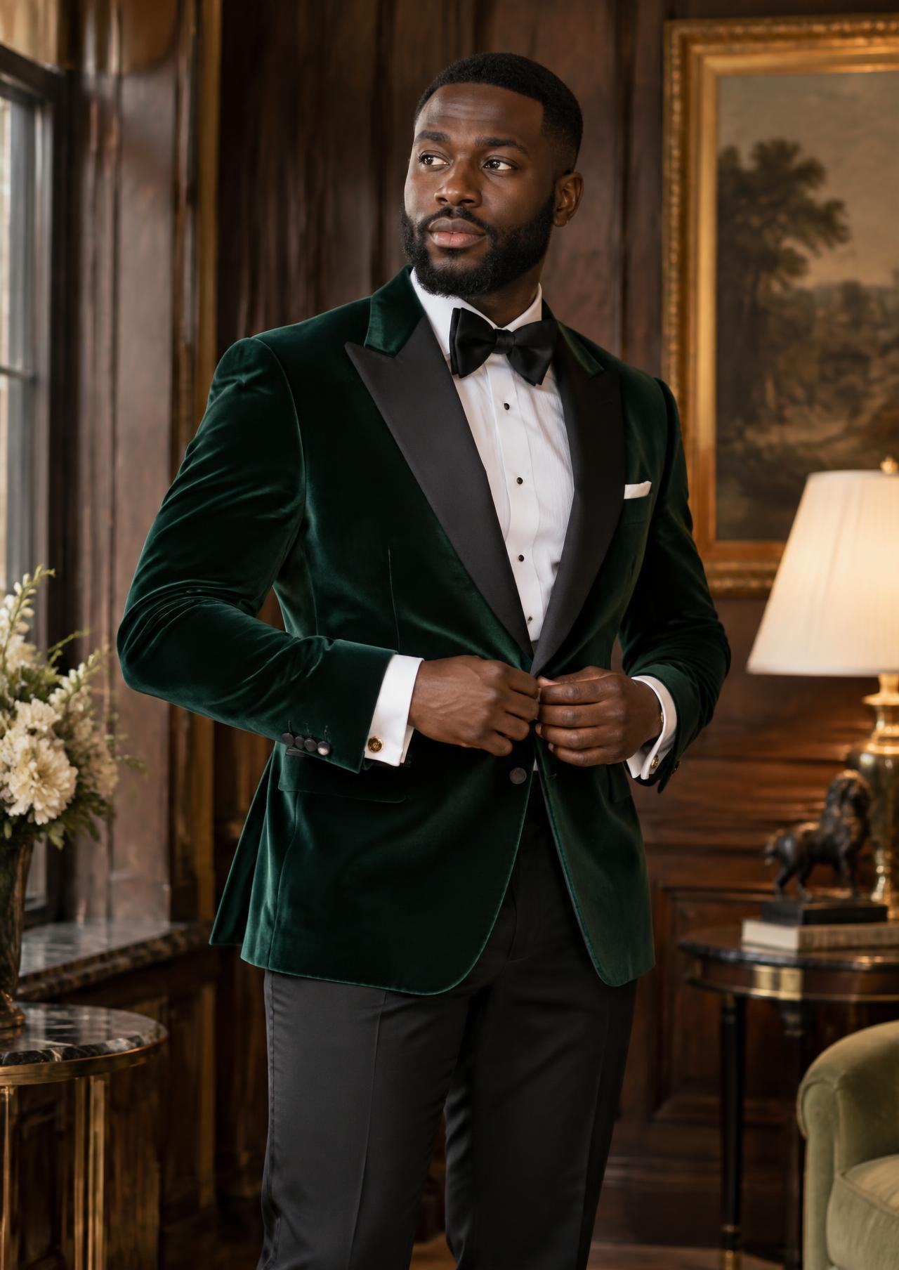 Groom in a forest-green velvet dinner jacket and black bow tie in a wood-panelled room