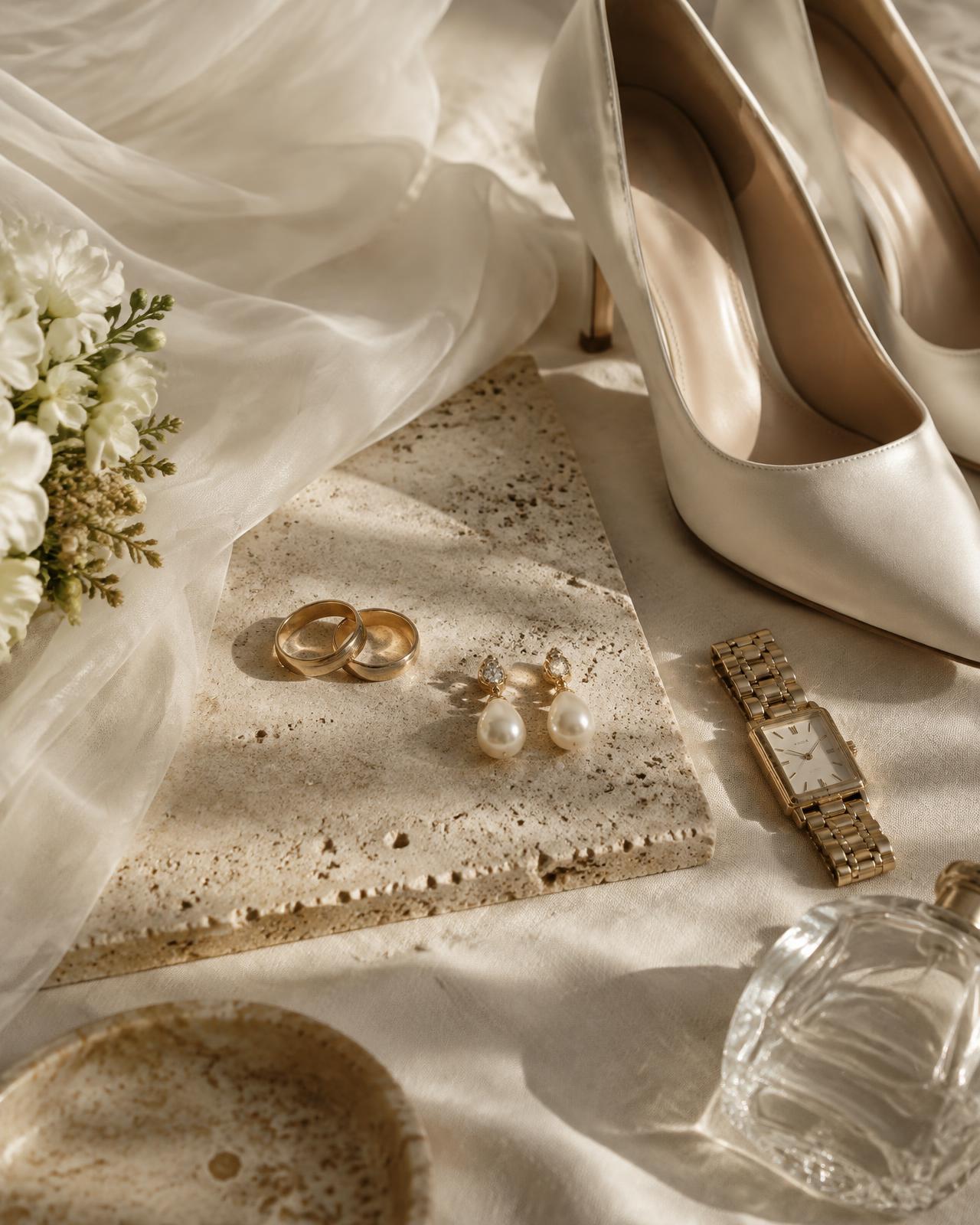 Gold wedding bands, pearl earrings, a gold watch and ivory heels on travertine stone