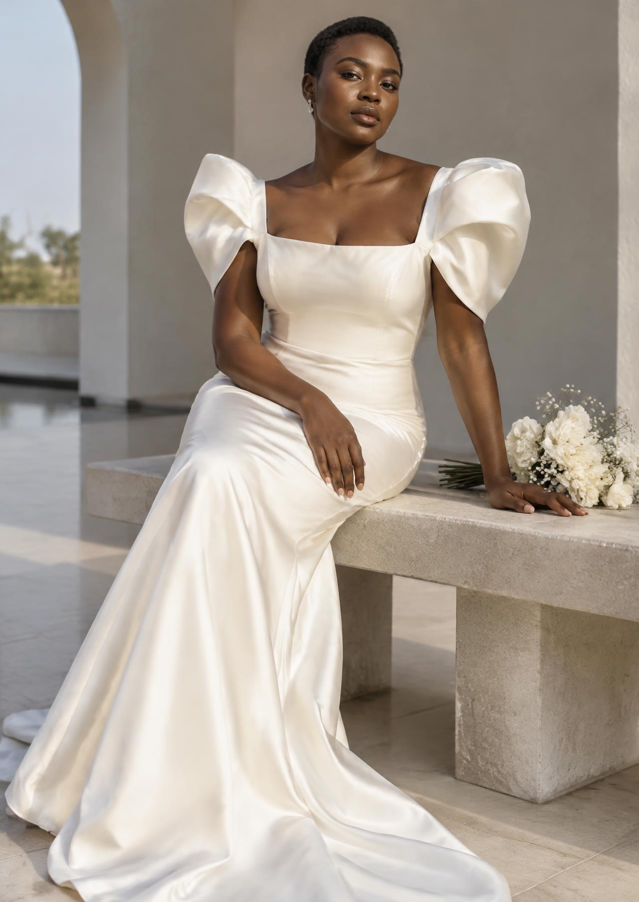 Bride with short natural hair in a satin gown with sculpted sleeves, seated on a stone bench