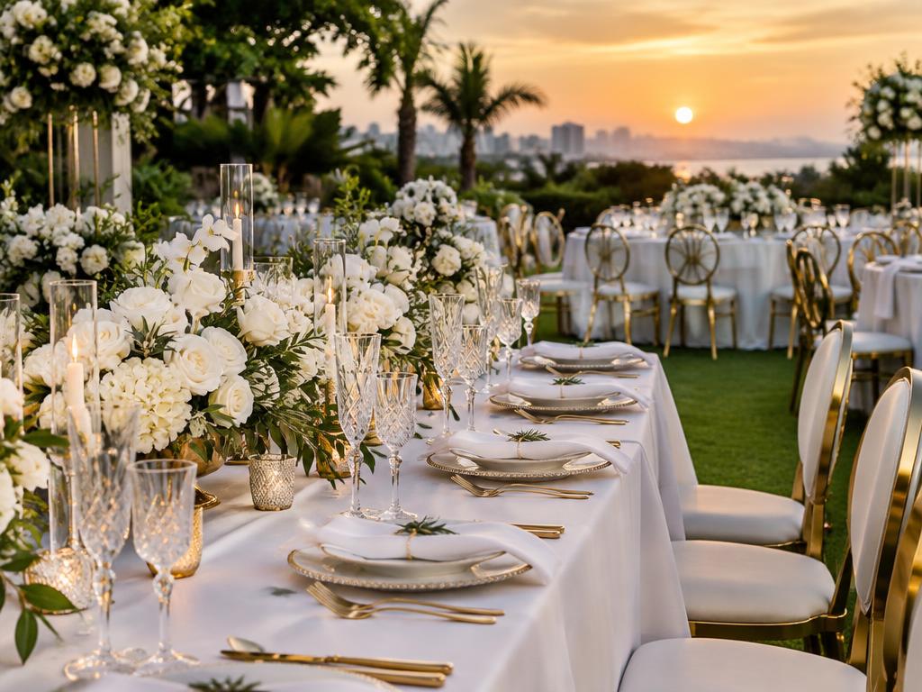 White florals and champagne gold reception tables