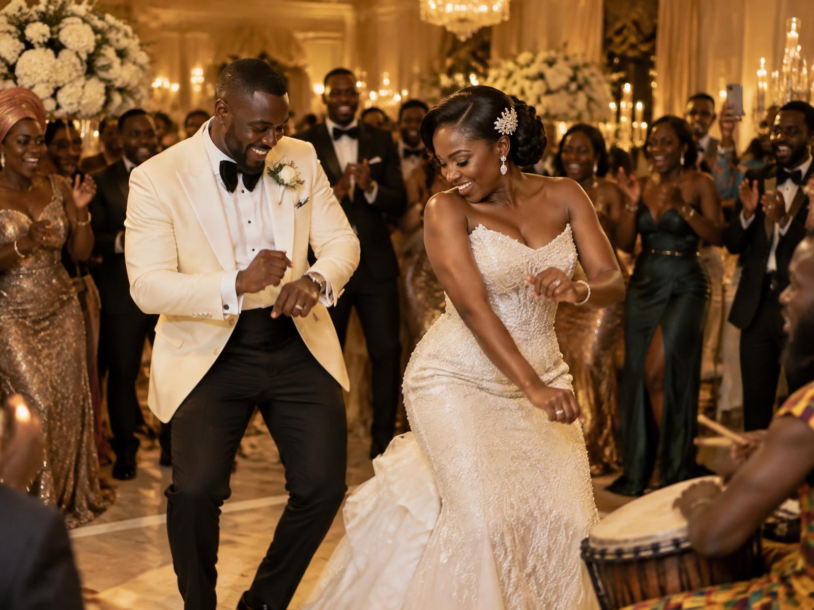 Bride and groom dancing in a candlelit ballroom surrounded by cheering guests