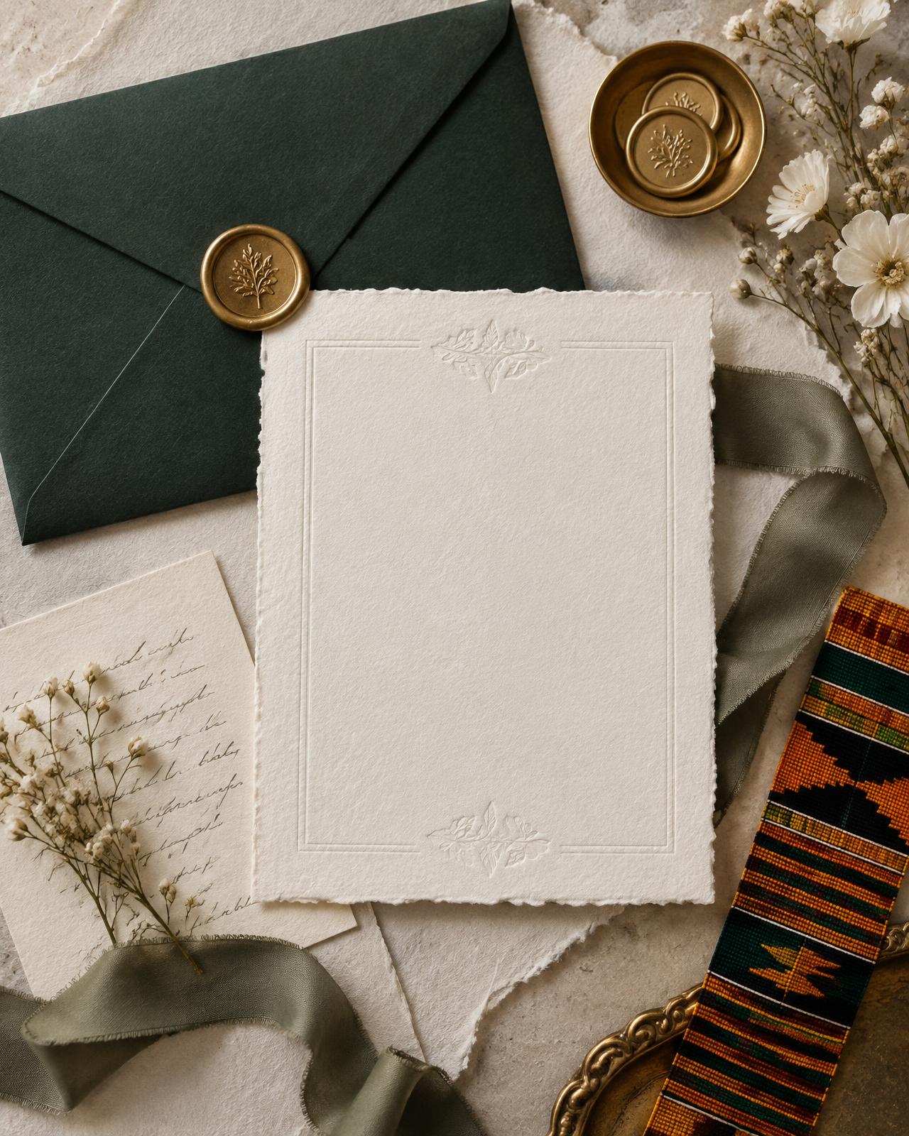 Ivory invitation card, green envelope with gold wax seal, ribbon and a strip of Kente