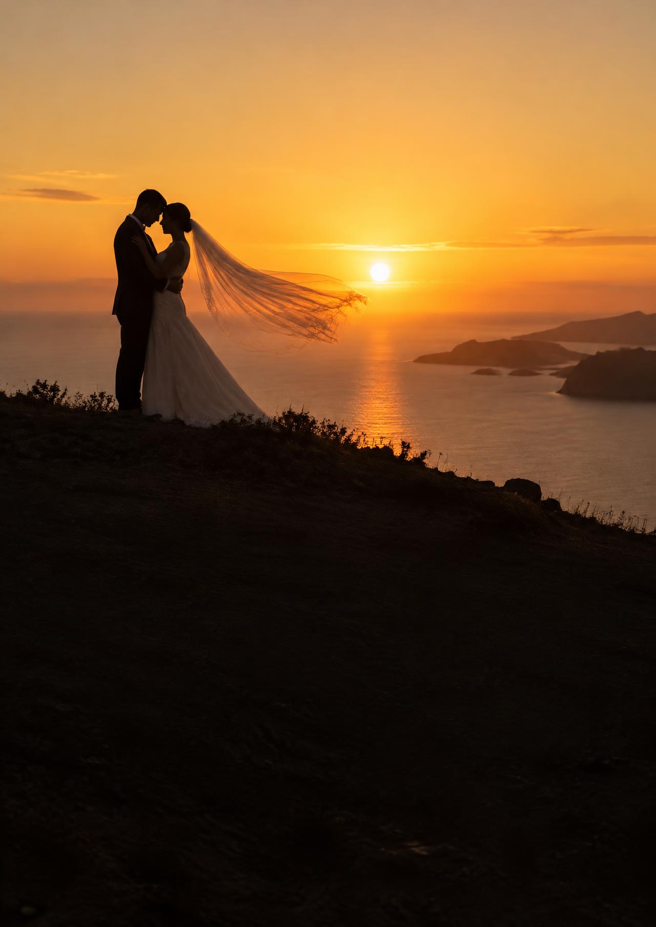 A couple silhouetted against a golden sunset over the sea